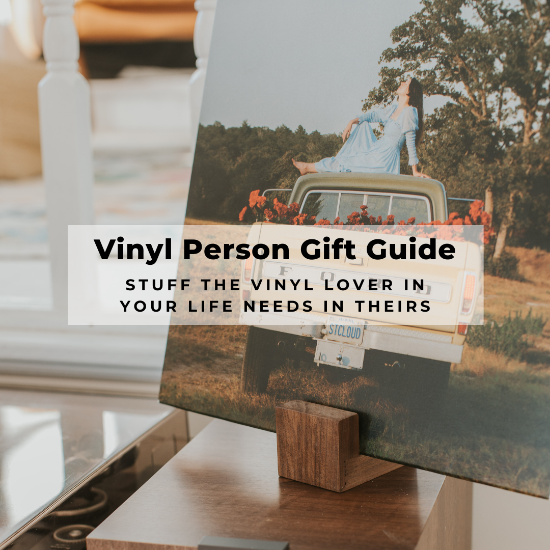 Gift guide for the vinyl person in your life with a photo featuring a Deep Cut tabletop record stand